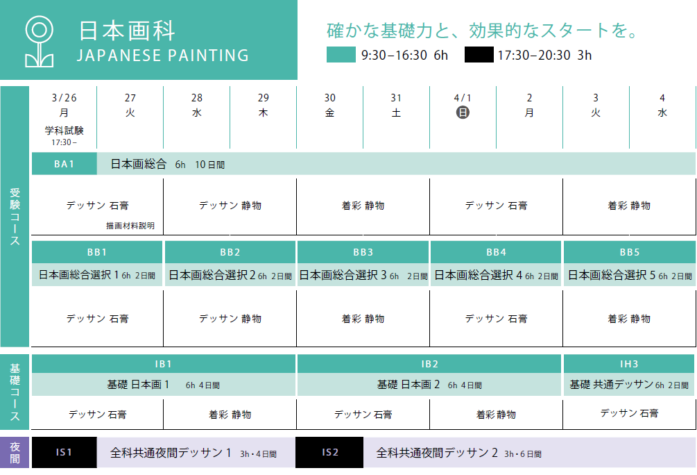 2018春季講習会日本画スケジュール表