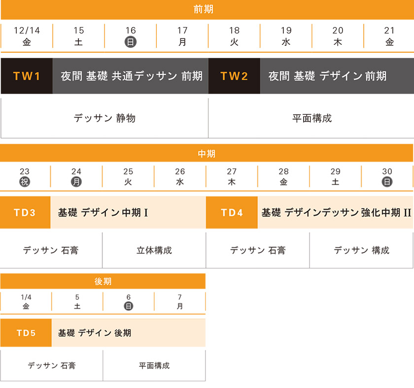 冬季講習デザイン科藝大系基礎スケジュール