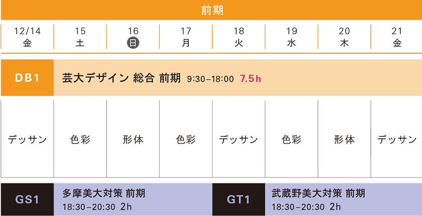冬季講習デザイン科藝大系前期スケジュール