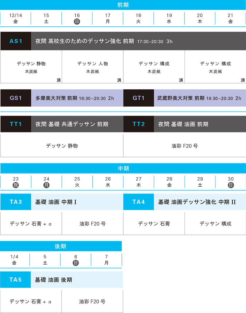 2018冬季講習会油画科基礎スケジュール