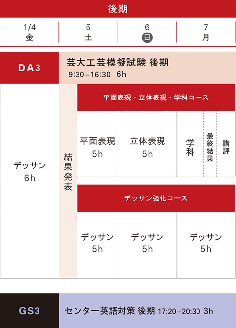 冬季講習工芸科後期スケジュール