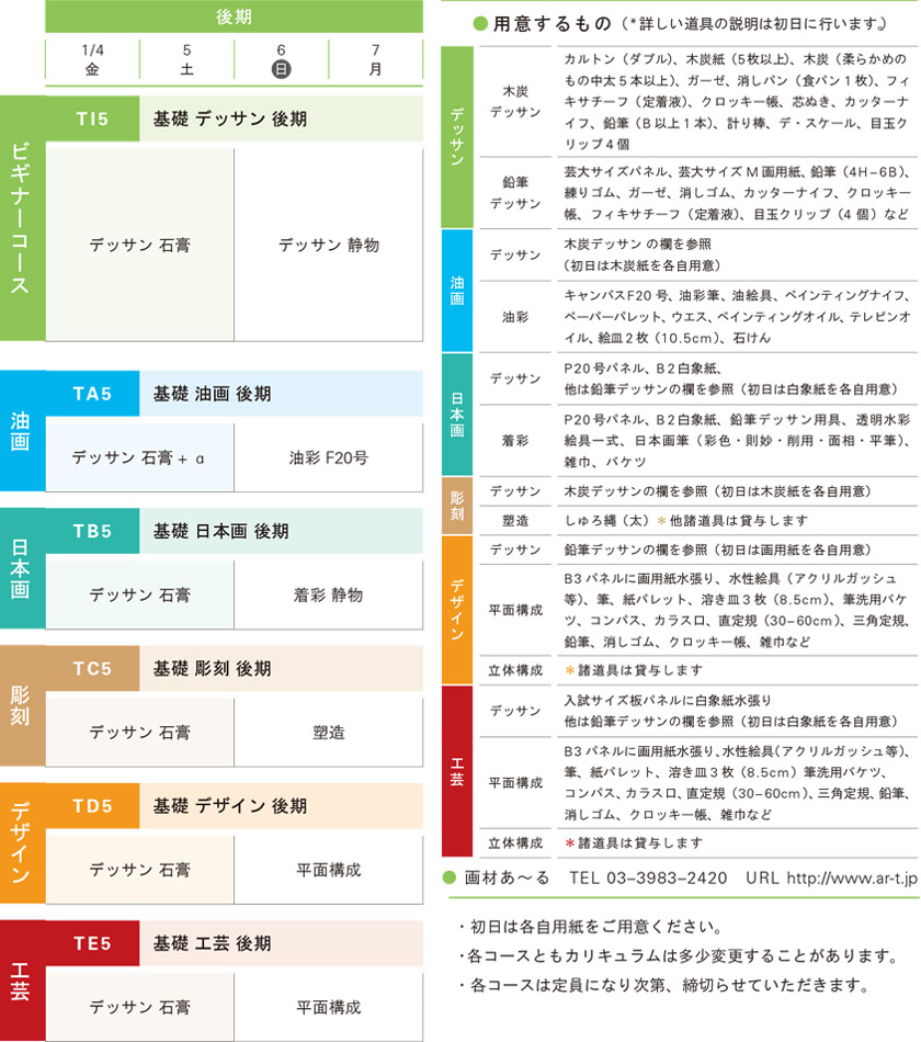 講習会基礎科コース、後期スケジュール