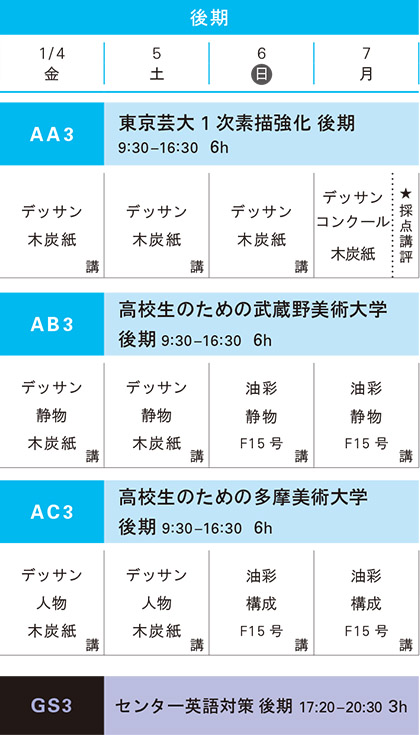 2018冬季講習会油画科後期スケジュール