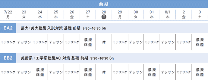 夏季講習会建築科スケジュール前期コース