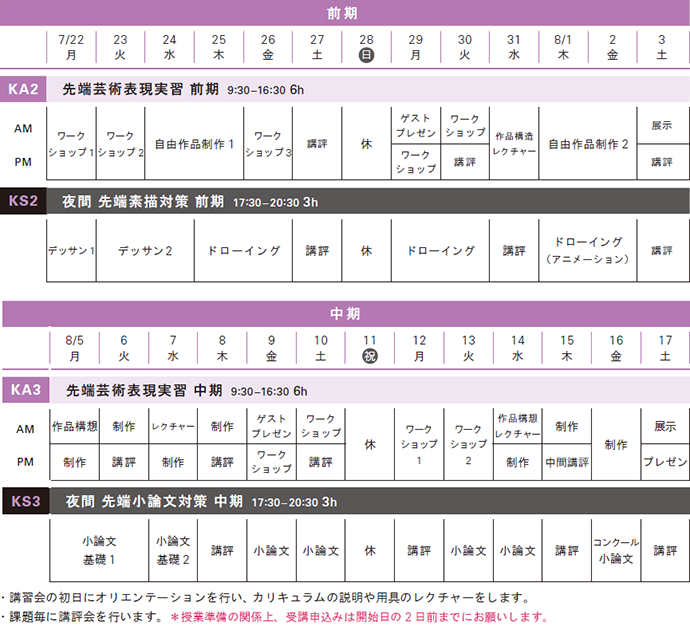 夏季講習先端芸術表現スケジュール