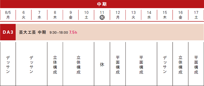 夏季講習工芸科スケジュール 中期コース