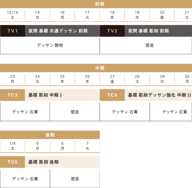 冬季講習彫刻基礎科スケジュール