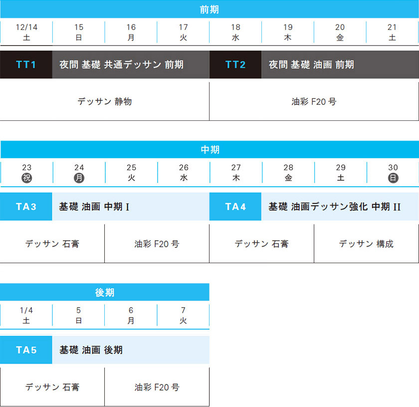2019冬季講習会油画科基礎スケジュール