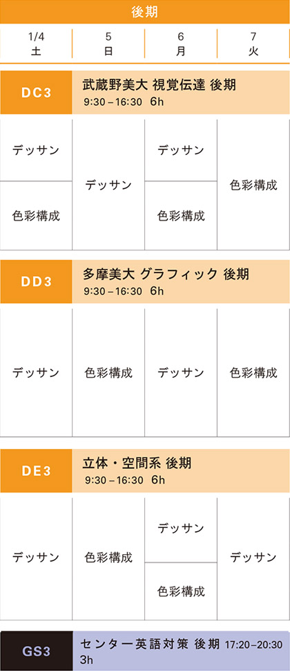 冬季講習デザイン科私大コース後期スケジュール