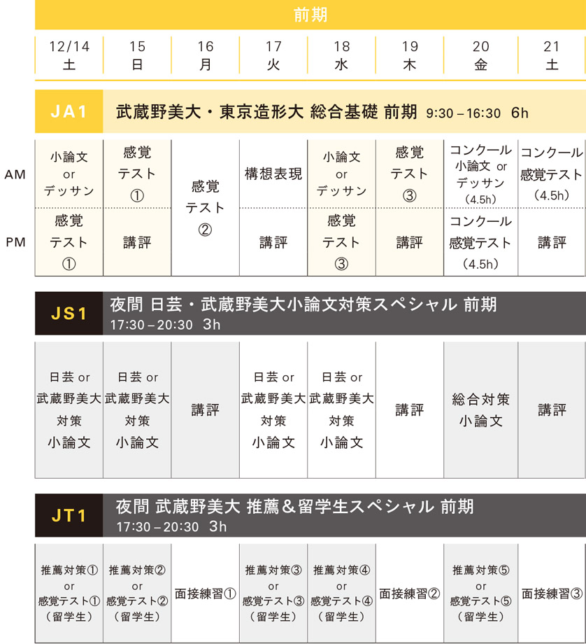 冬季講習映像科前期スケジュール