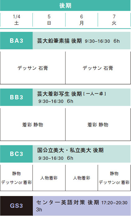 冬季講習日本画科後期スケジュール
