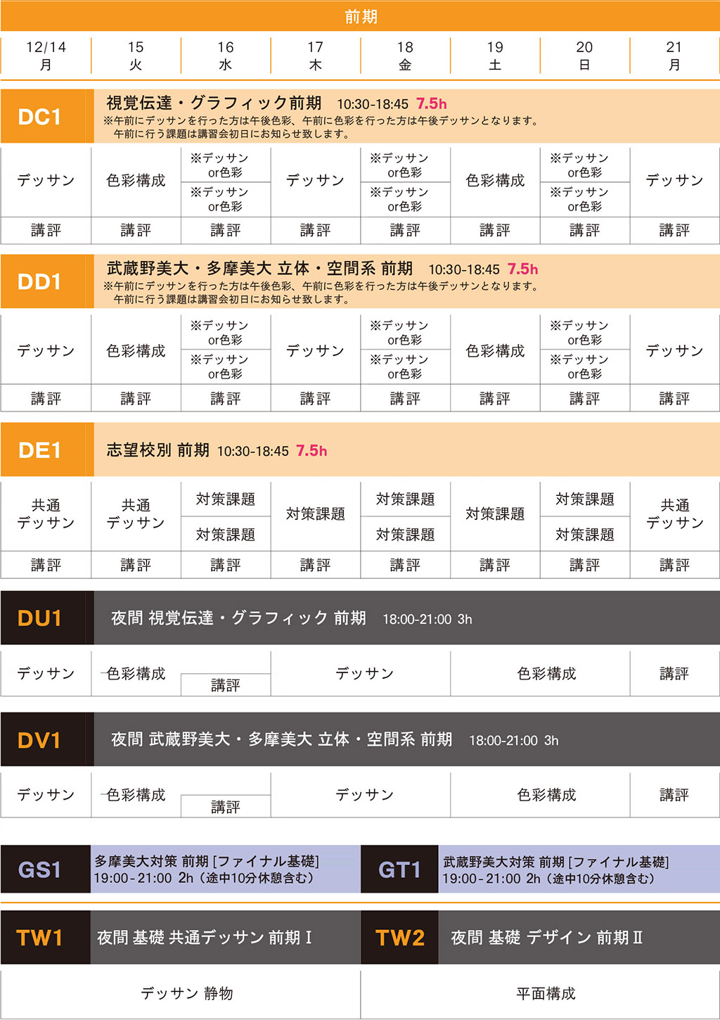 冬季講習デザイン科私大コース前期スケジュール