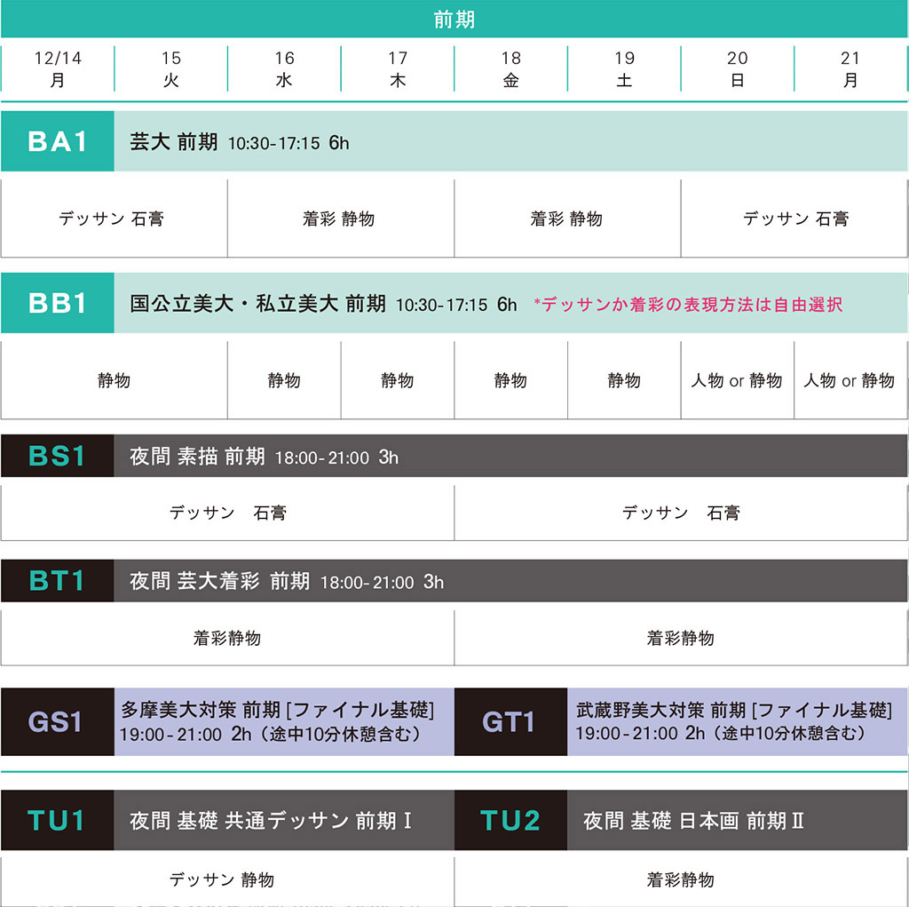 冬季講習日本画科前期スケジュール