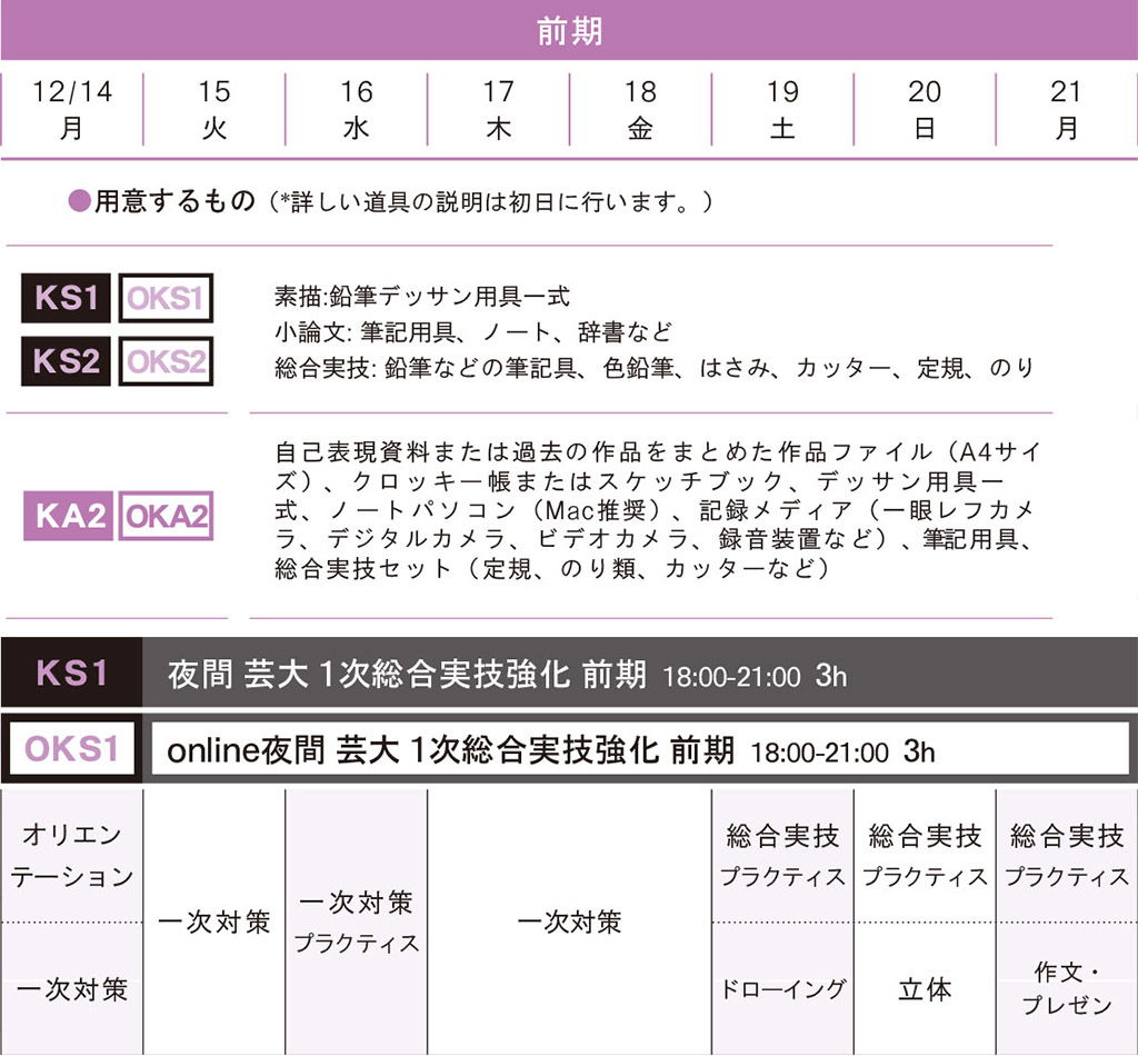 冬季講習先端芸術表現前期スケジュール