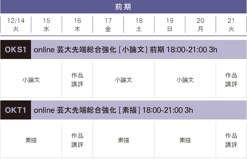 冬季講習先端芸術表現Online前期スケジュール