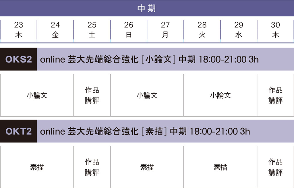 冬季講習先端芸術表現Online中期スケジュール