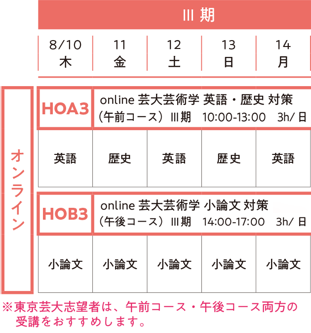 夏期講習会　芸術学科オンライン　Ⅲ期　HOA3　HOB3