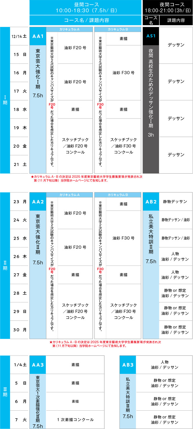 2024冬季講習会油画科スケジュール