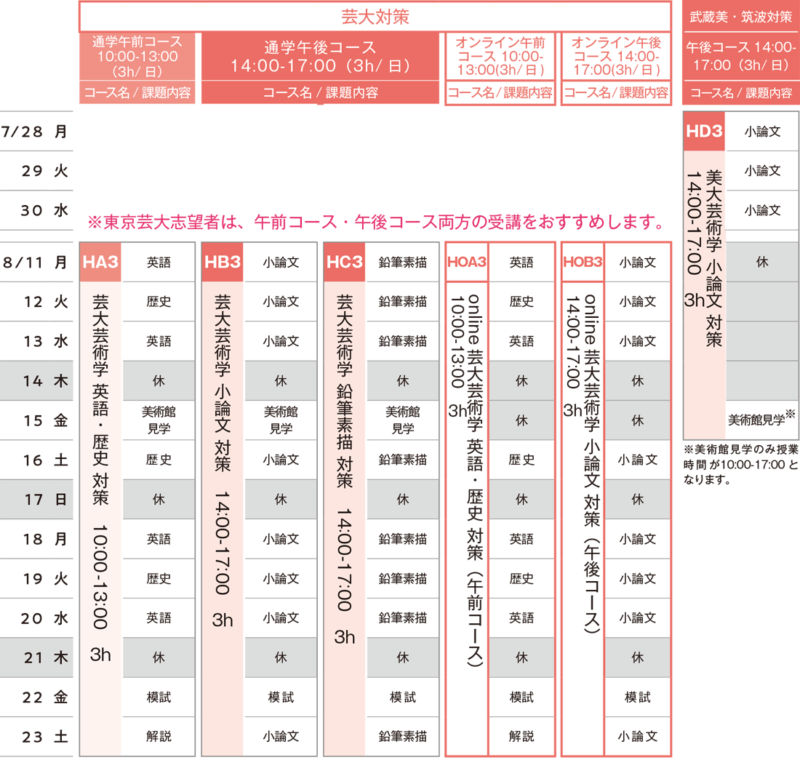 すいどーばた美術学院 2025年夏季講習会芸術学科スケジュール