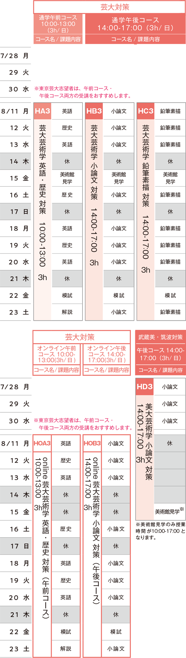 すいどーばた美術学院 2025年夏季講習会芸術学科スケジュール