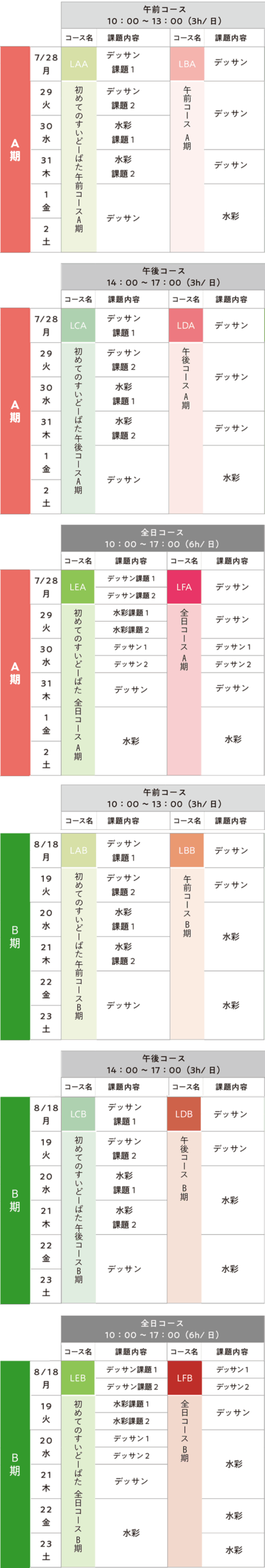 すいどーばた美術学院 2025年夏季講習会中学生科スケジュール