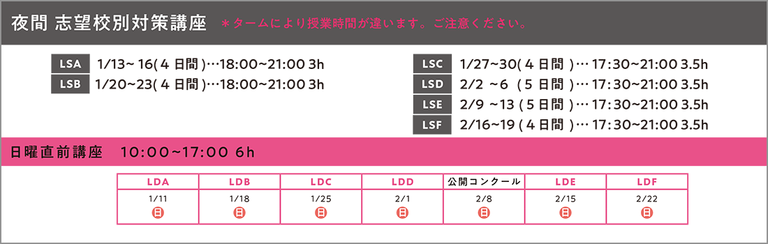 中学生入試直前講座　夜間　志望校別対策講座　日曜直前講座