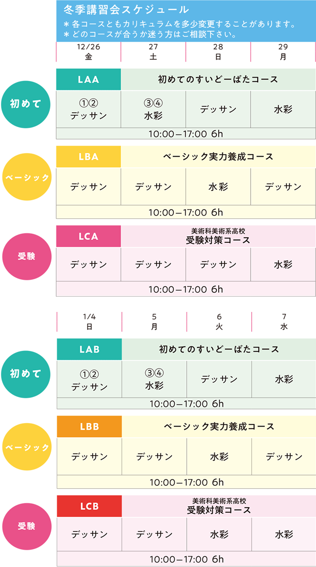 すいどーばた美術学院2025年中学生科冬季講習会スケジュール