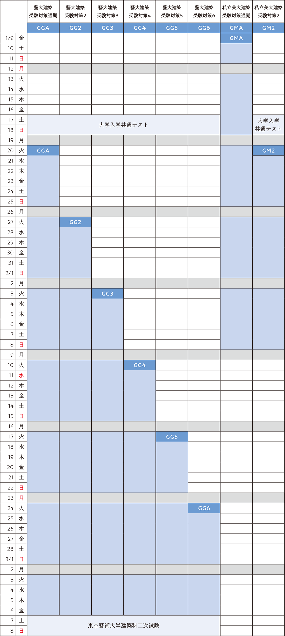 すいどーばた美術学院2026年入試直前講座建築科スケジュール