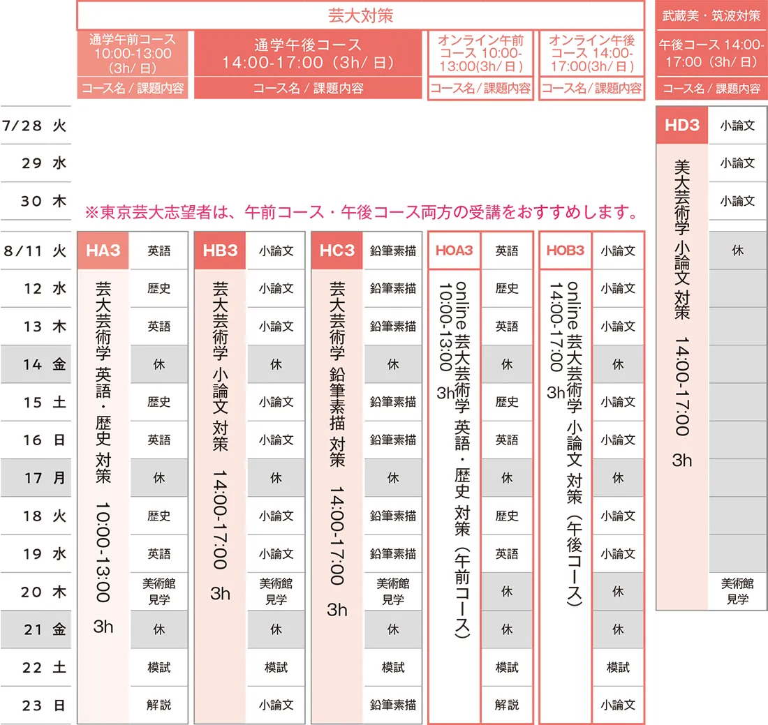 すいどーばた美術学院 2026年夏季講習会芸術学科スケジュール