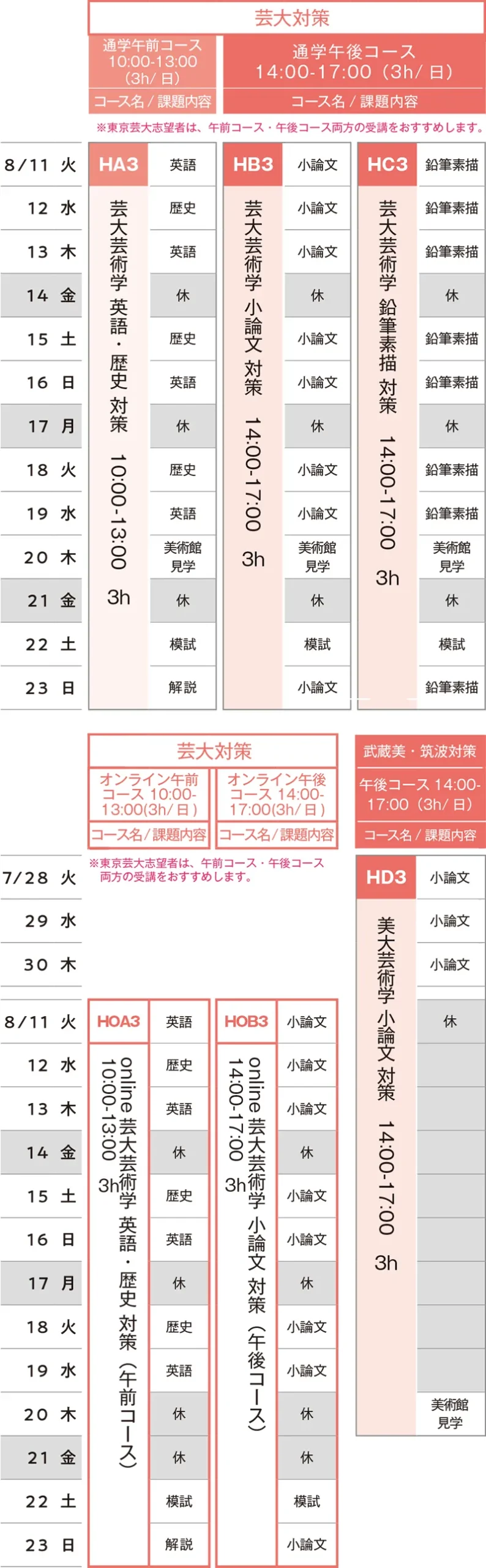 すいどーばた美術学院 2026年夏季講習会芸術学科スケジュール