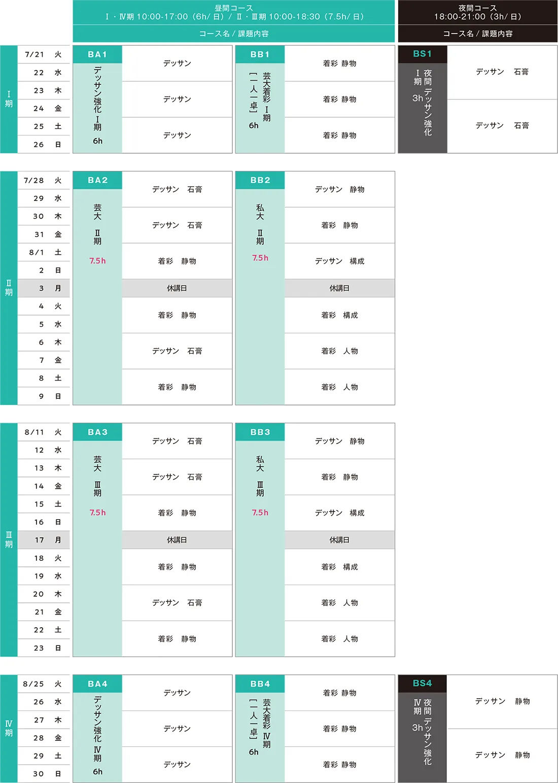 日本画科 2026年夏季講習会スケジュール