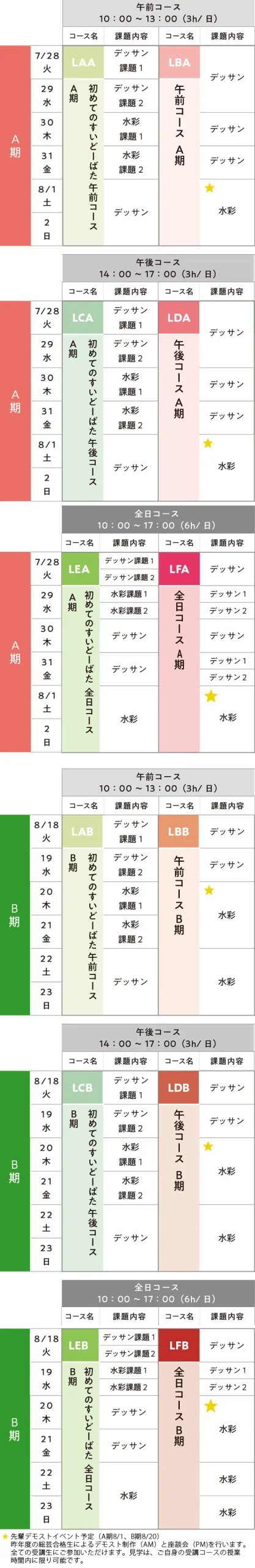 すいどーばた美術学院 2026年夏季講習会中学生科スケジュール
